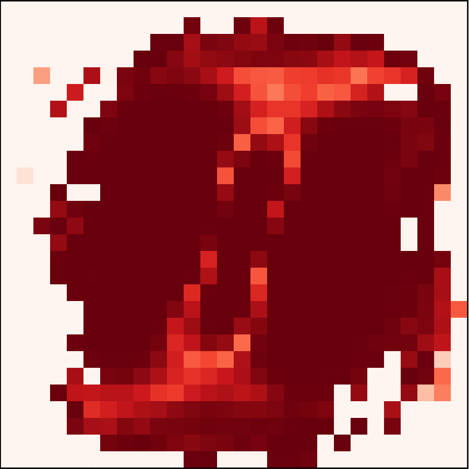 Feature importance map for digit 1, with a narrow vertical stroke highlighted.