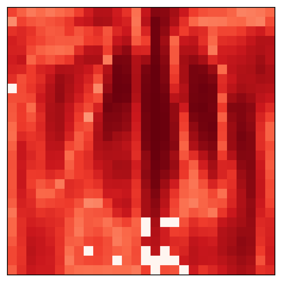 ChestMNIST feature importance map for the no-cardiomegaly class, with the cardiac silhouette highlighted in dark red.
